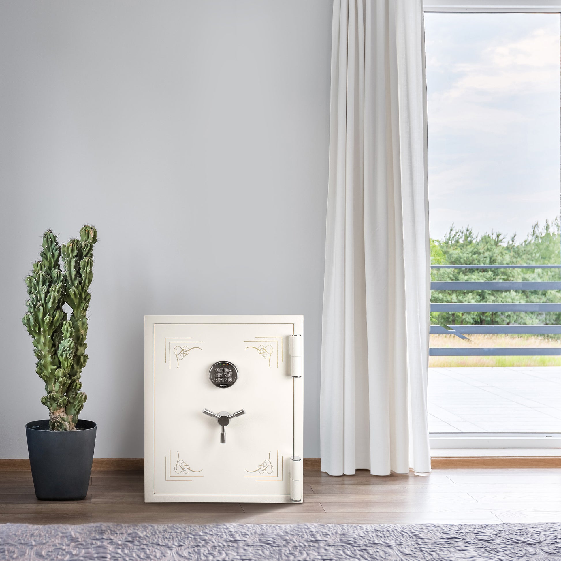 Creamcolored home safe with digital keypad and ornate corner details