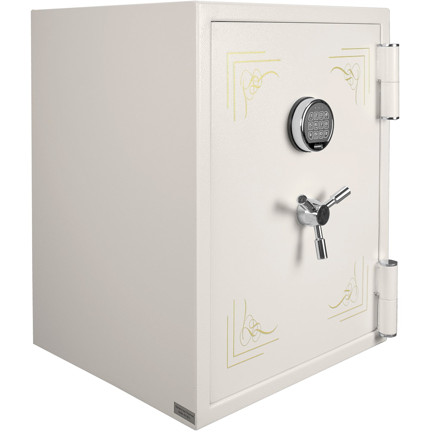 White digital keypad safe with chrome handle and gold scrollwork