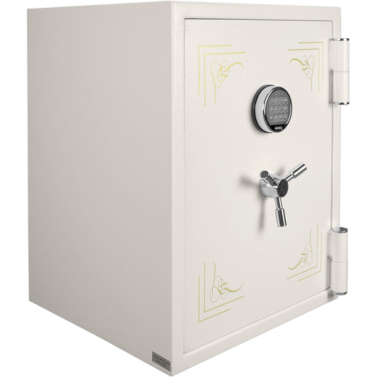 White digital keypad safe with chrome handle and gold scrollwork