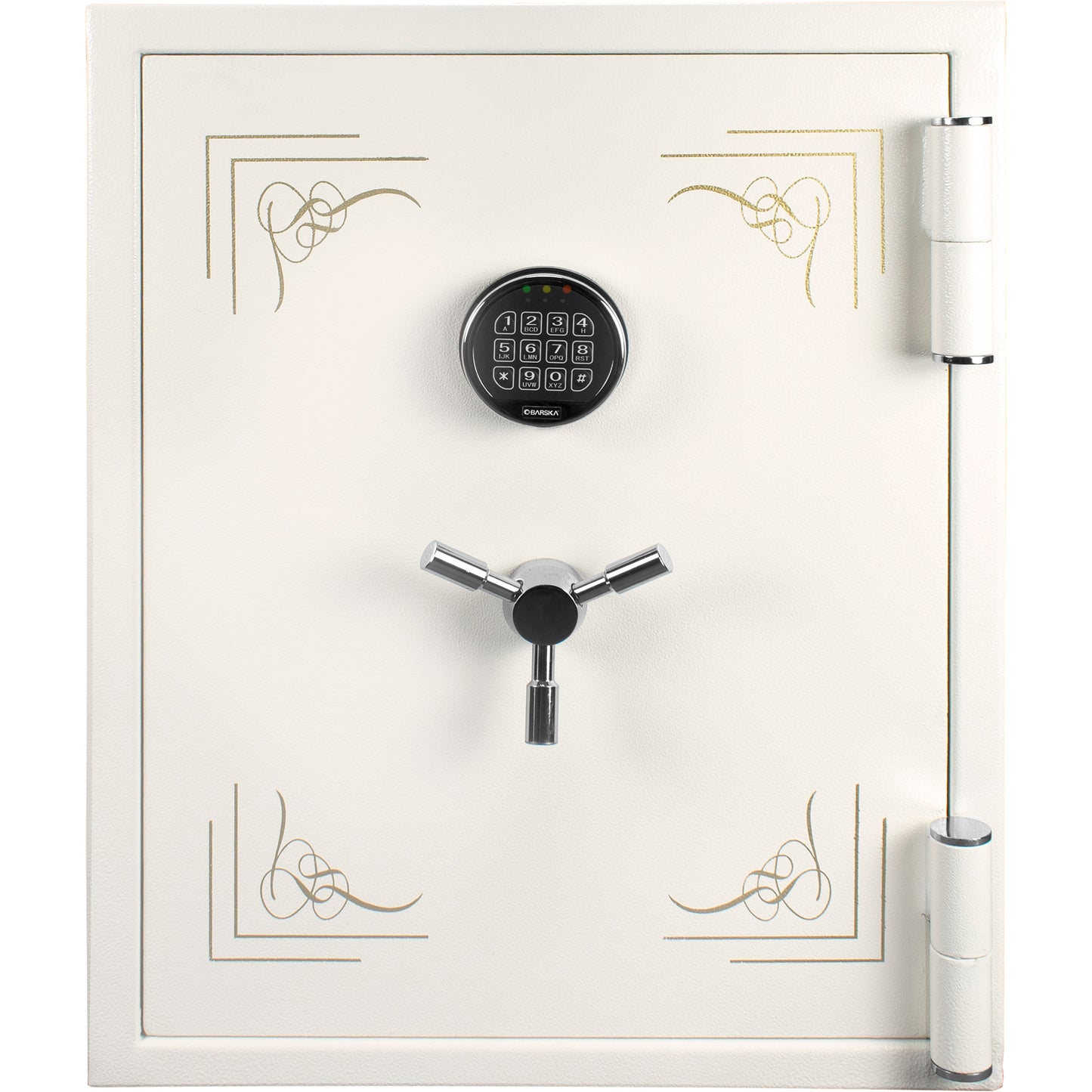 White electronic safe with gold filigree accents and chrome handle