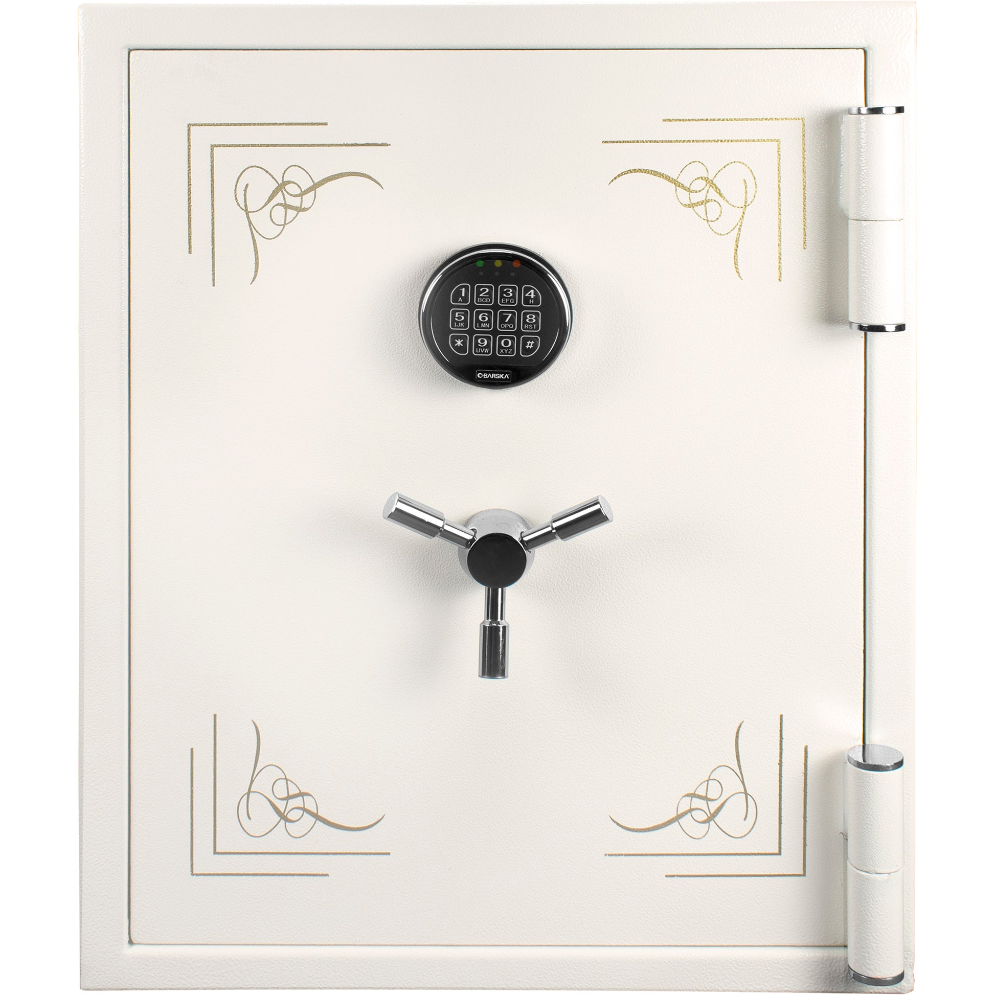 White electronic safe with gold filigree accents and chrome handle