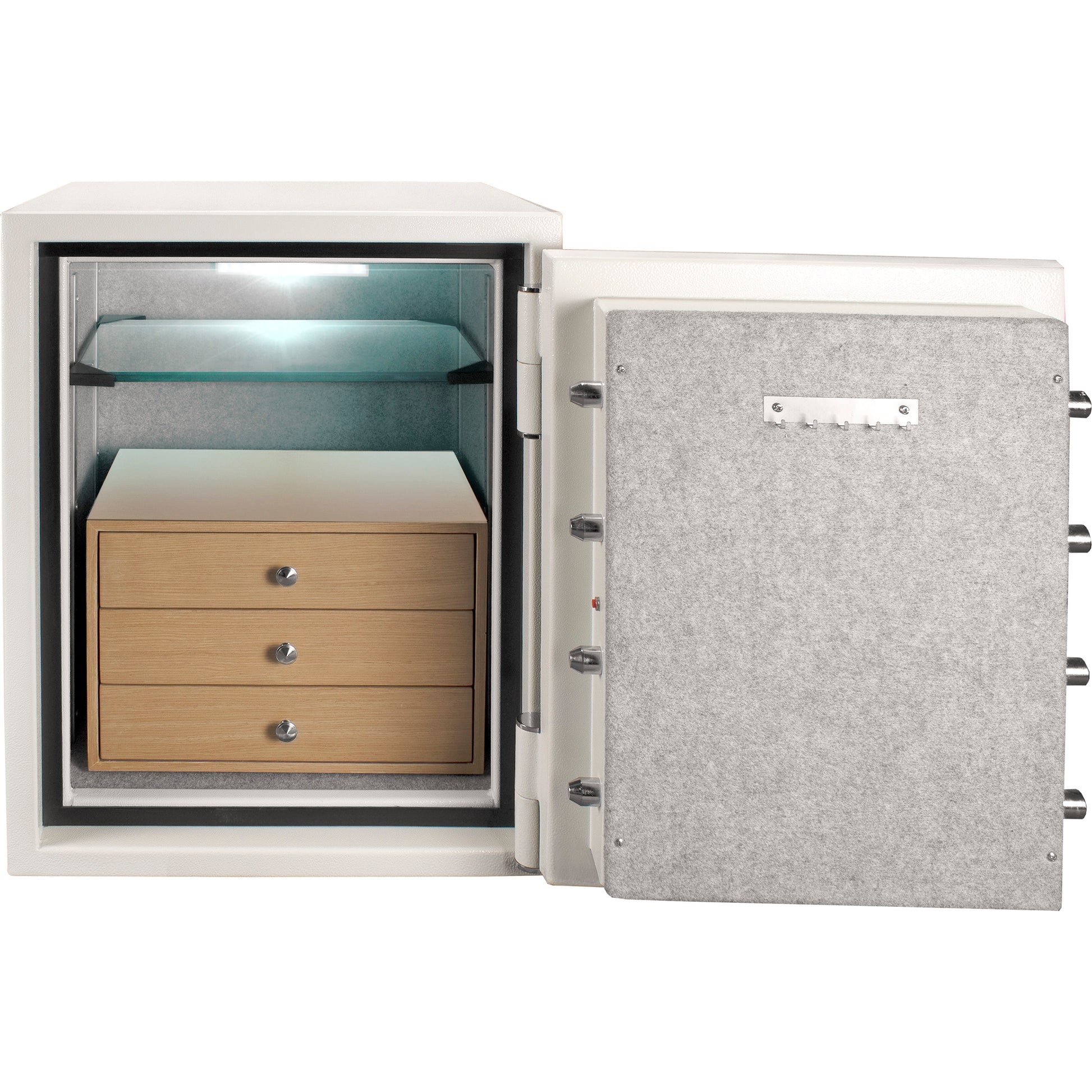 White security safe with interior wood drawers and gray feltlined door