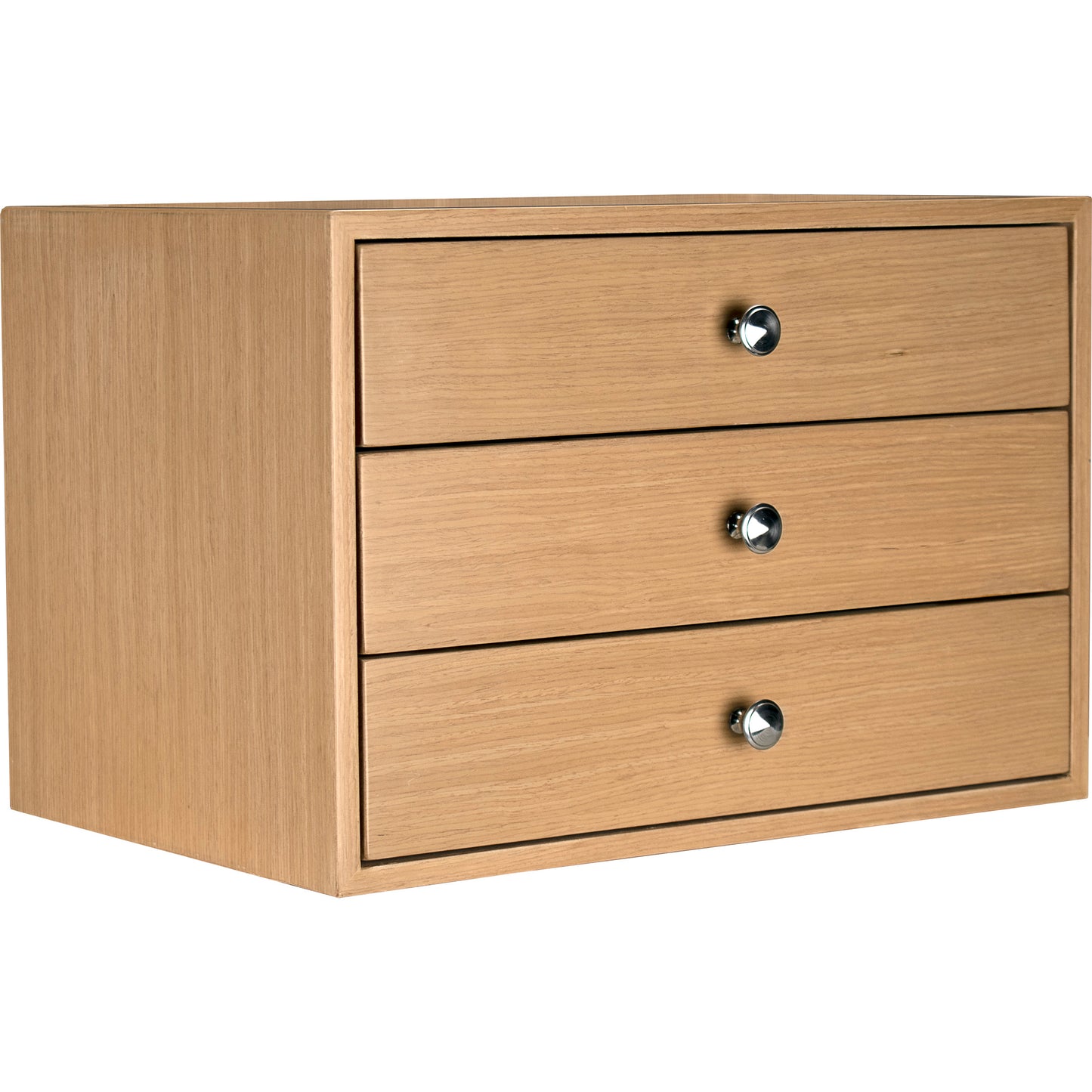 Natural oak wood threedrawer desktop organizer with silver knobs
