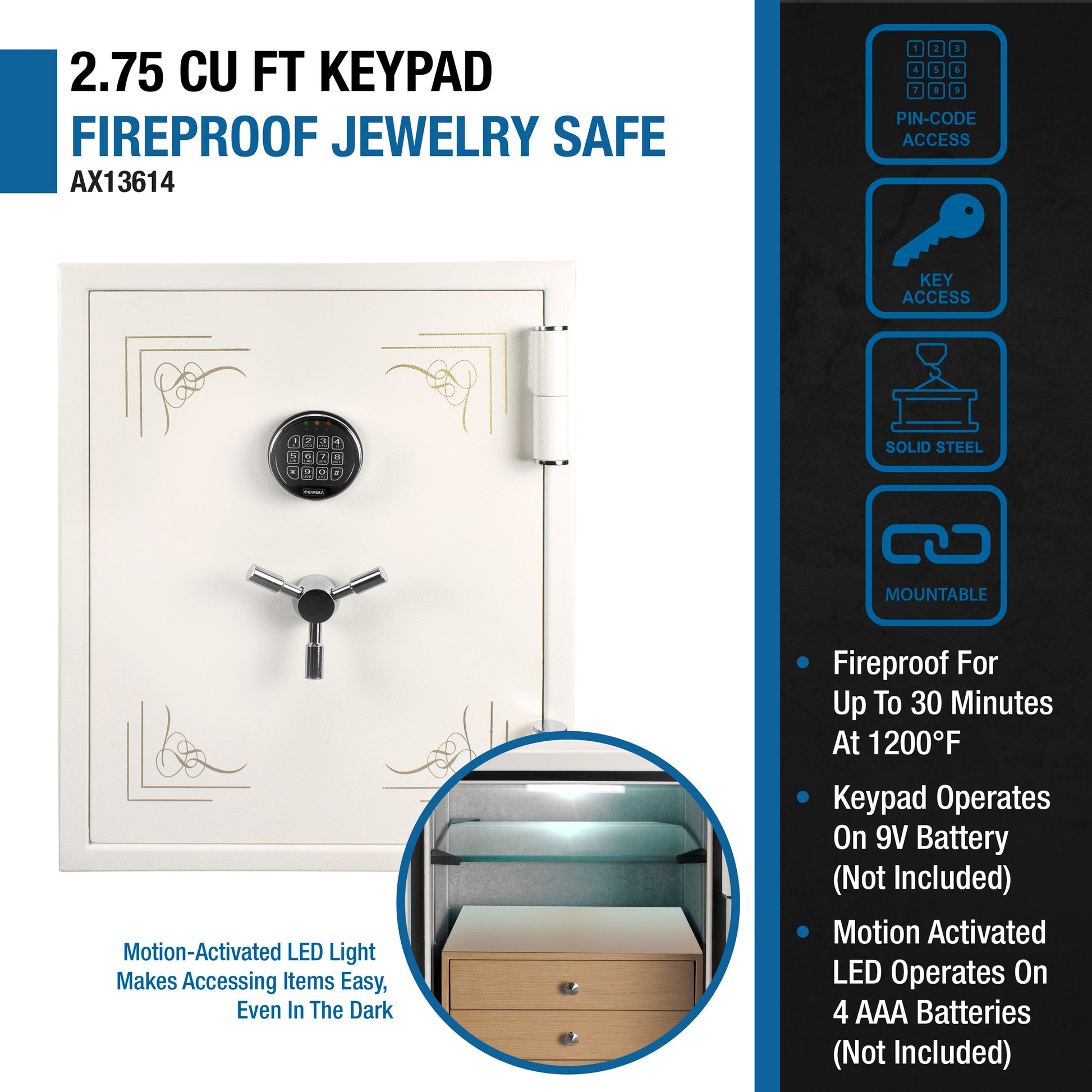 Cream  cu ft keypad fireproof jewelry safe with decorative scrollwork and threespoke handle