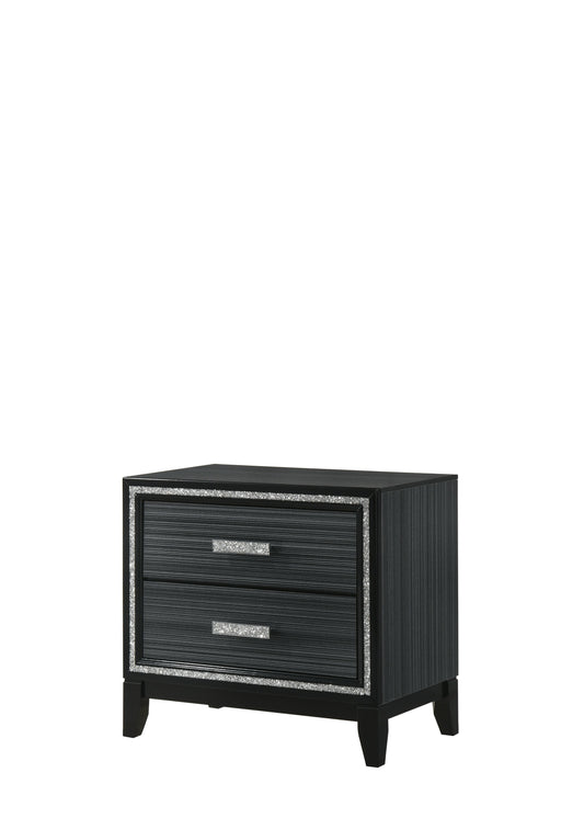Sleek black nightstand with two drawers featuring crystalinlaid handles and silver trim accents