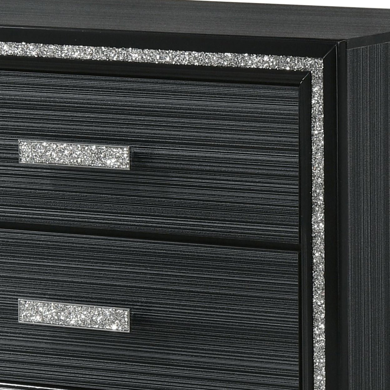 Black dresser with textured drawers and crystal inlay handles Glamorous bedroom dresser accent