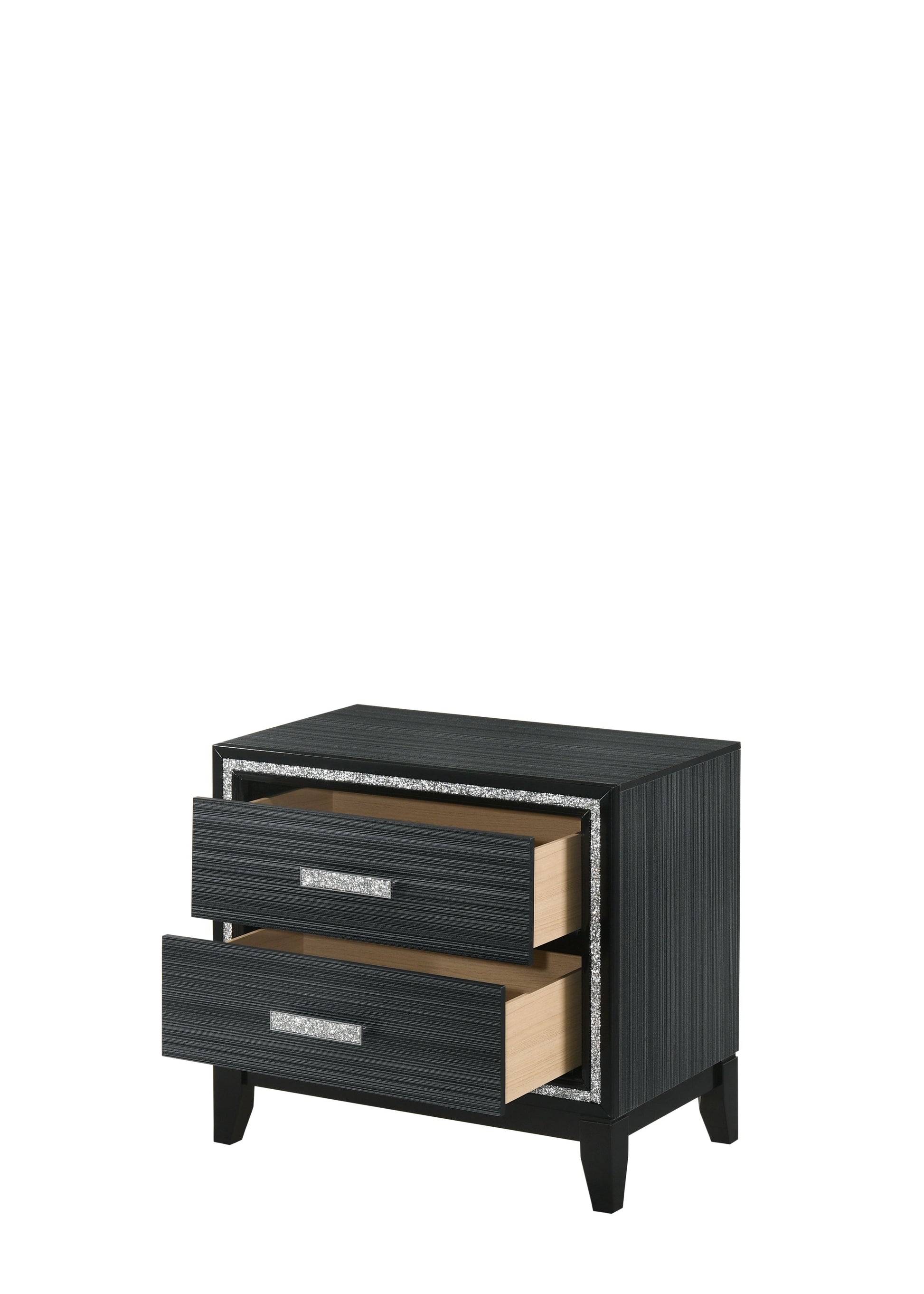 Dark wood nightstand with two drawers featuring textured fronts and crystal accents on handles and trim
