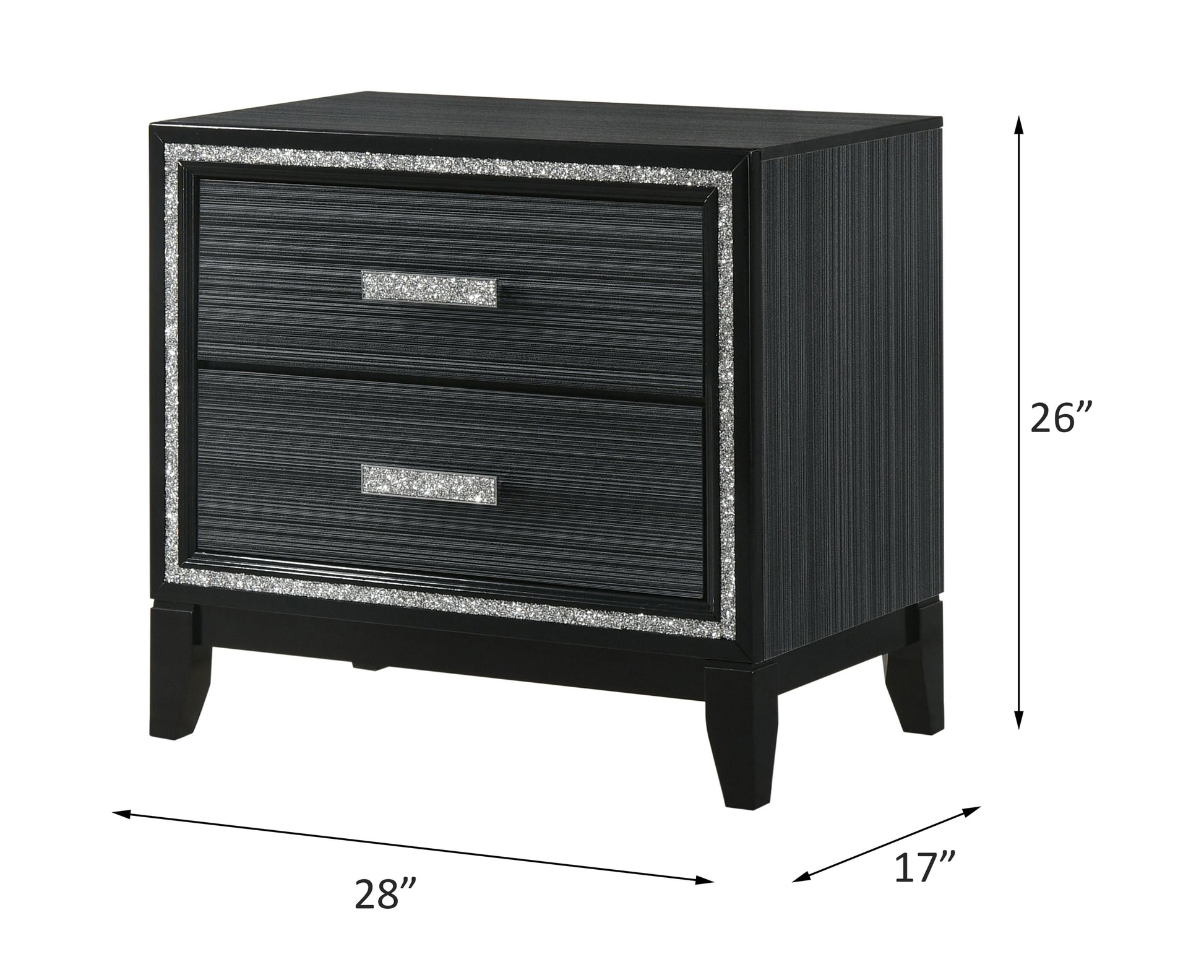 Black mirrored nightstand with two drawers and diamondlike accents