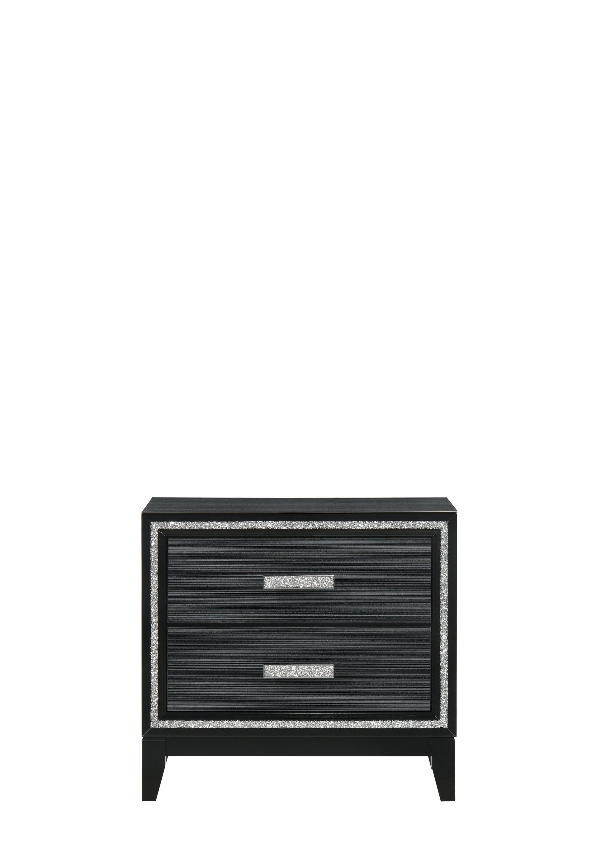 Black bedside table with silver crystal accents and ribbed drawer fronts