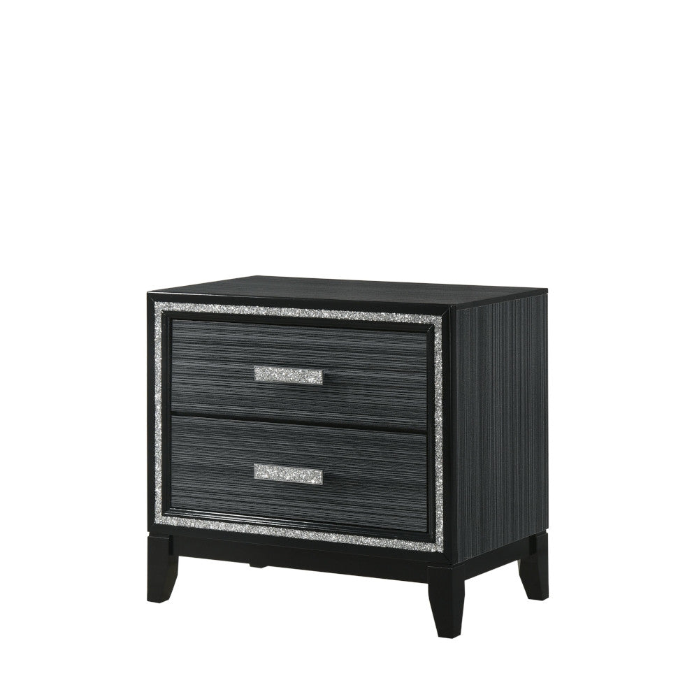 Black twodrawer nightstand with silverstriped drawer fronts and crystalaccented handles
