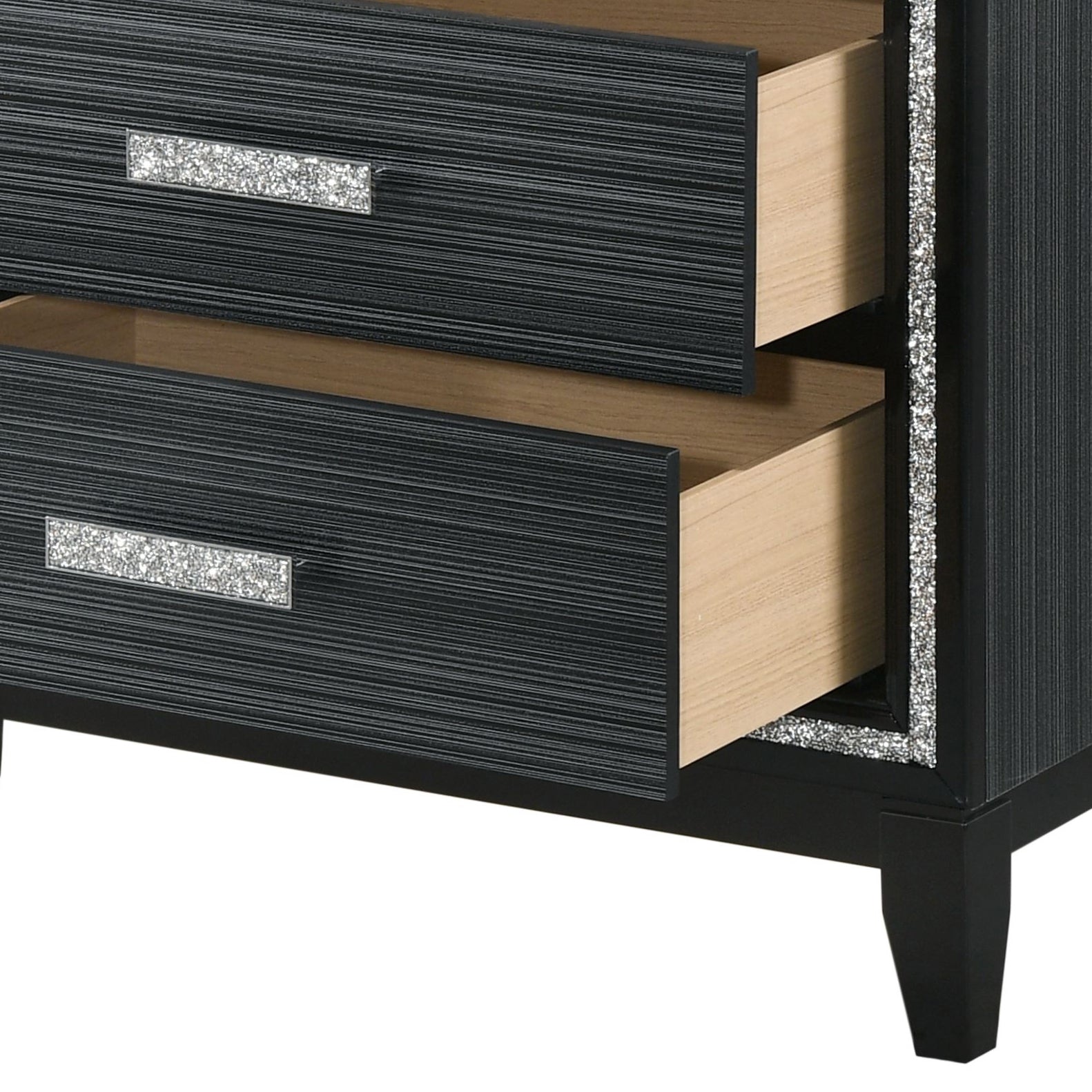 Black dresser with textured finish and crystal drawer pulls