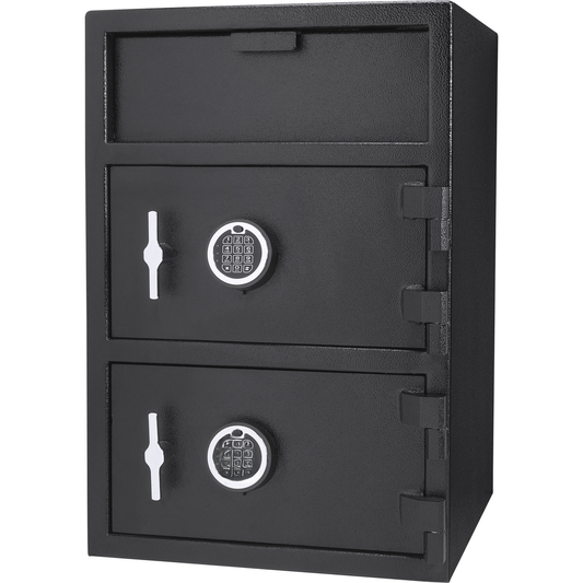 Black digital keypad safe with two lockable drawers and a deposit slot