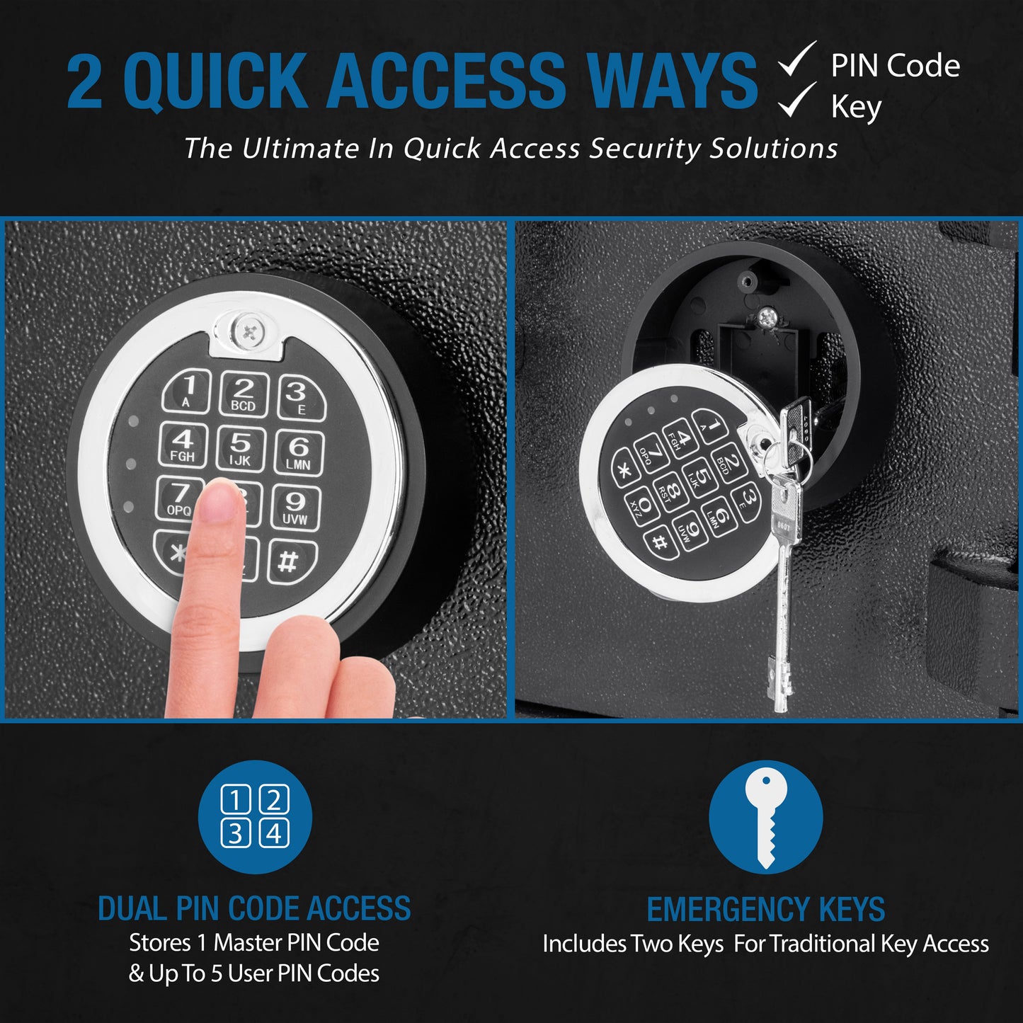 Finger pressing keypad on black safe door for PIN code access