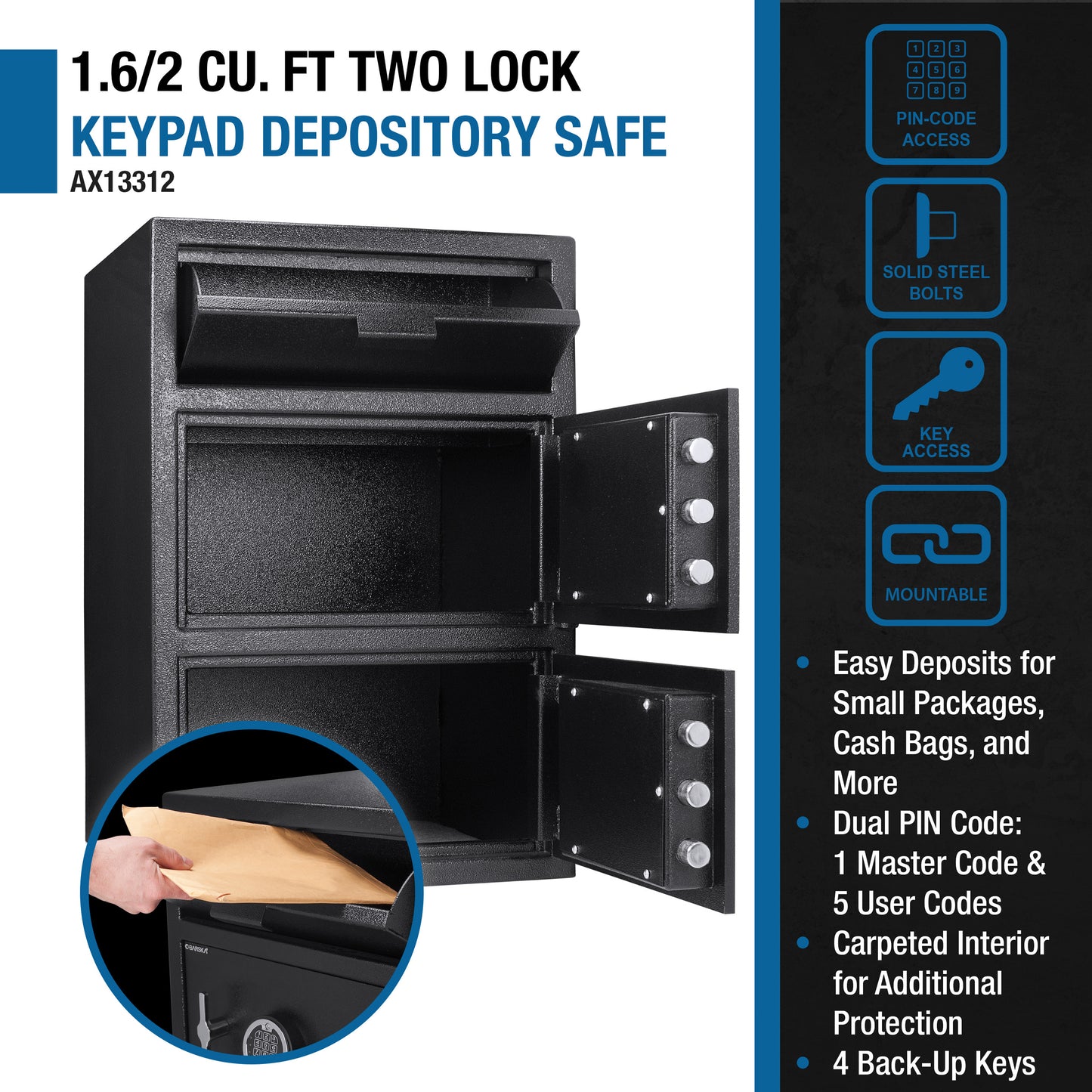Black keypad depository safe with open compartments and drop slot
