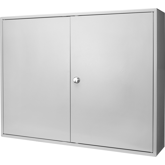 Gray metal wall cabinet with double doors and silver lock