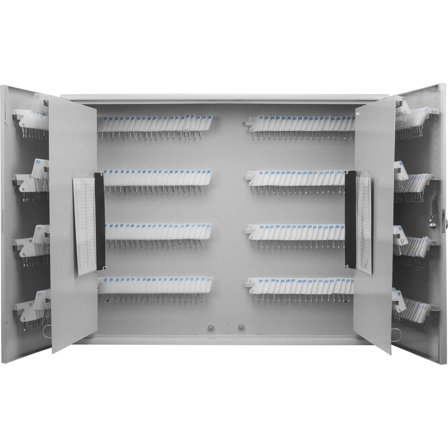 Gray metal key cabinet with multiple numbered hooks inside