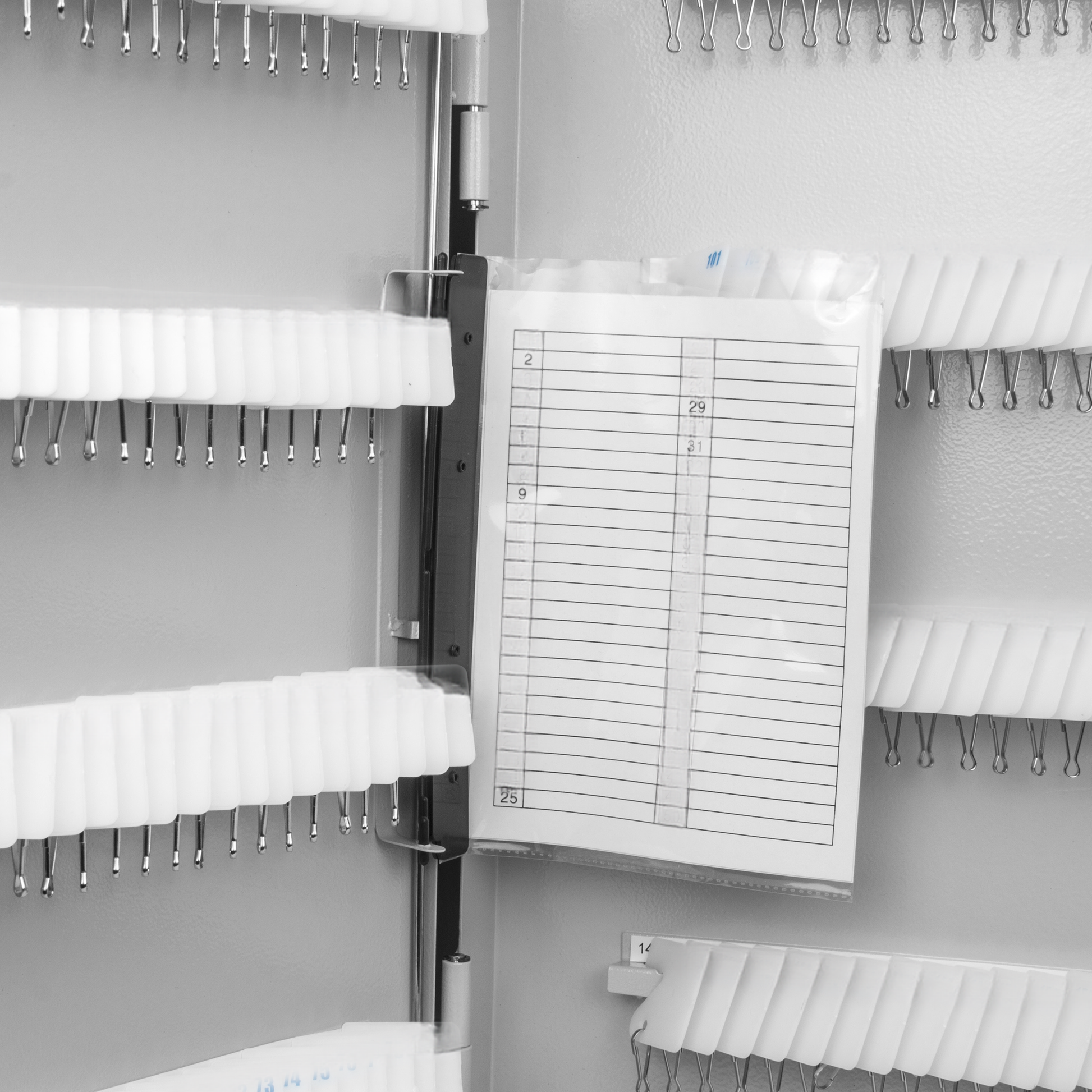 Closeup of a key organizer showing rows of white key holders and metal hooks