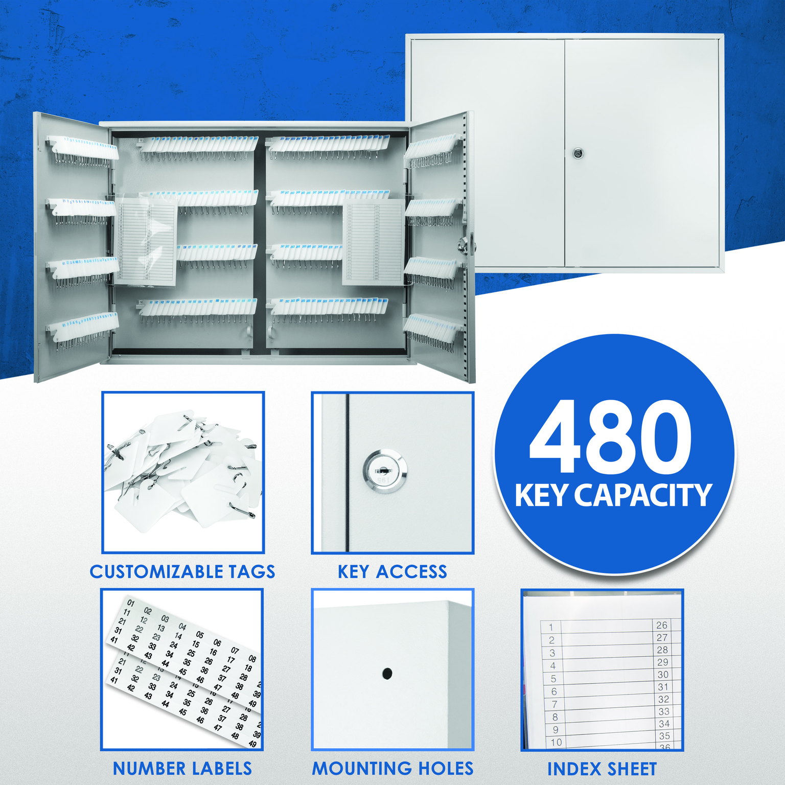 Open white metal key cabinet with  key slots and organizational labels