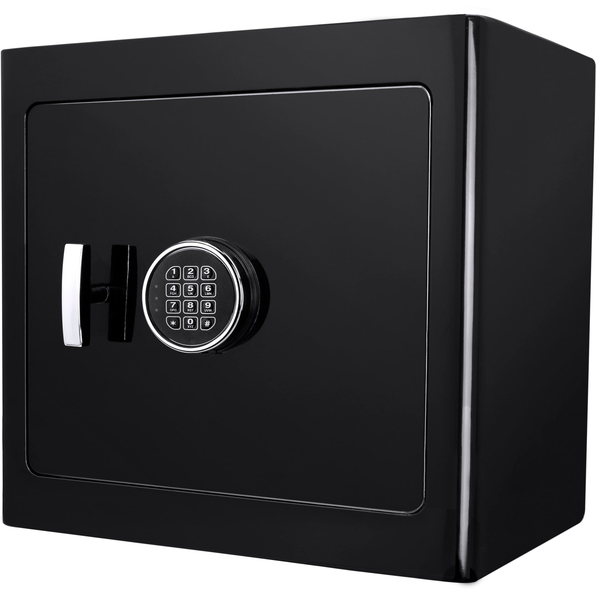 Black digital safe with chrome handle and electronic keypad