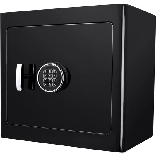 Black digital safe with chrome handle and electronic keypad