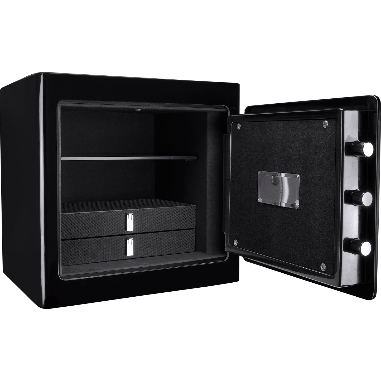 Black high gloss home safe with two carbon fiber textured drawers inside