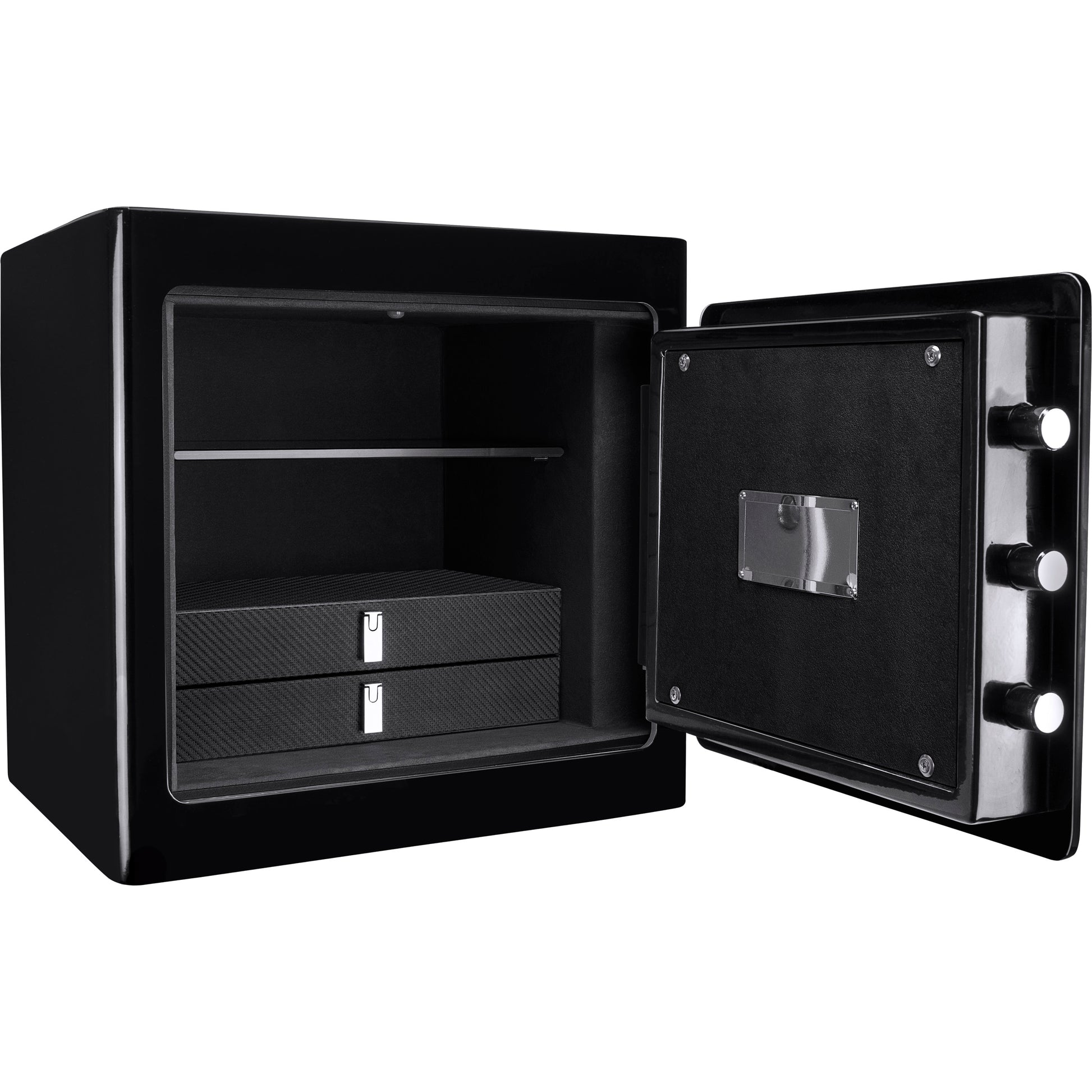 Black high gloss home safe with two carbon fiber textured drawers inside