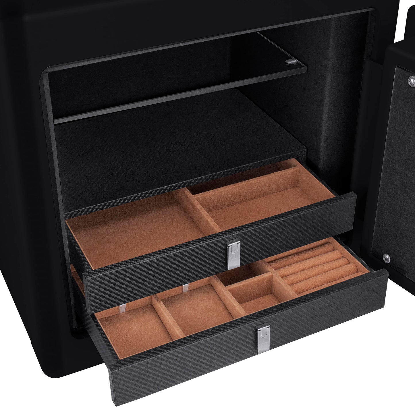 Black carbon fiber jewelry box with two velvetlined drawers