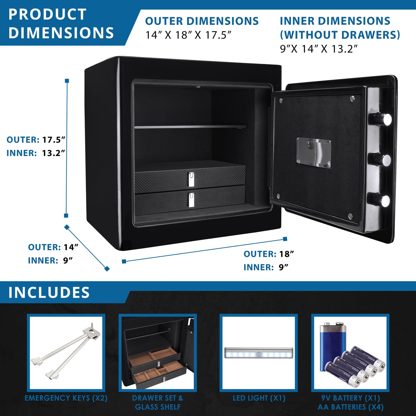 Black electronic safe with open door revealing interior shelves and carbon fiber drawers