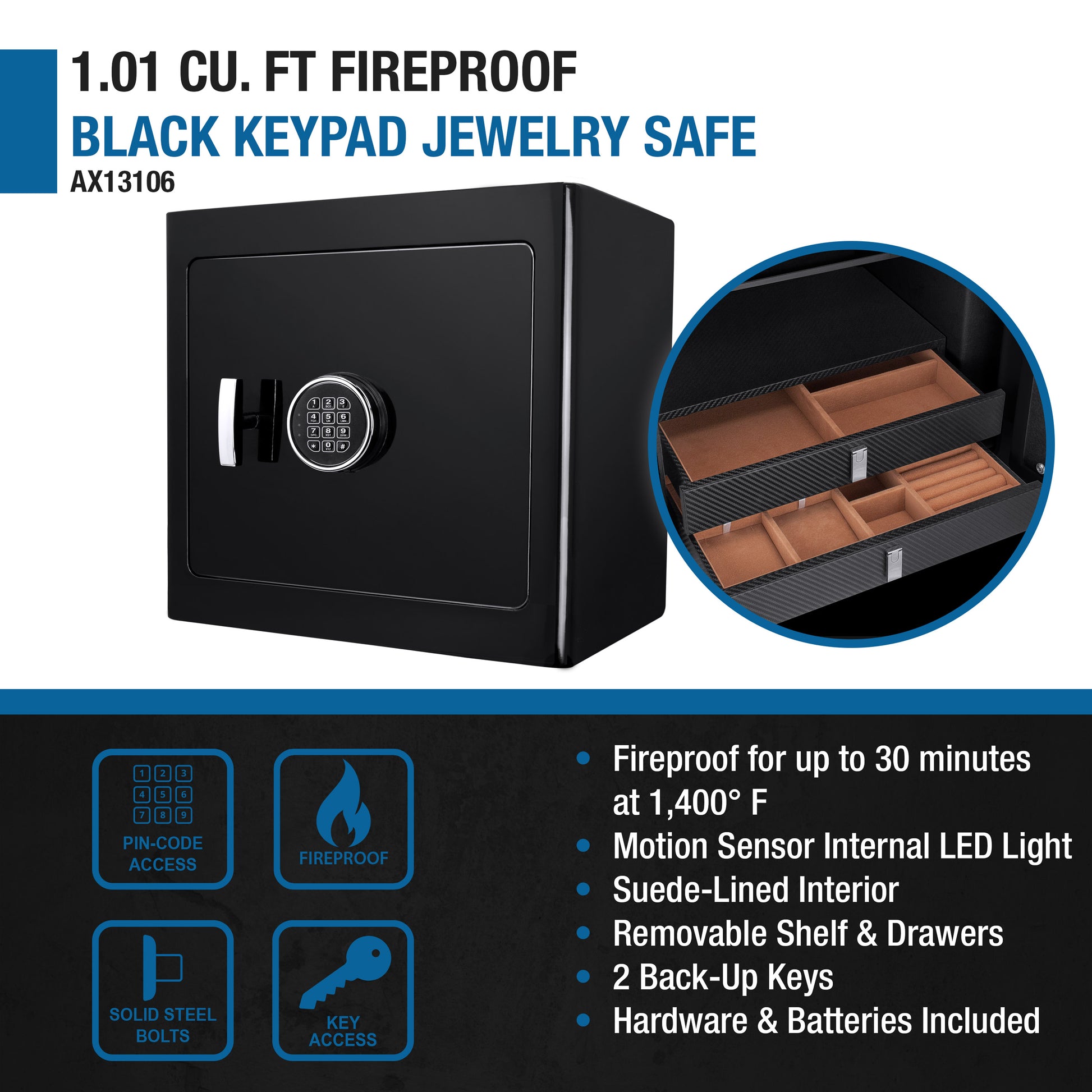 Black  cu ft fireproof jewelry safe with digital keypad and handle