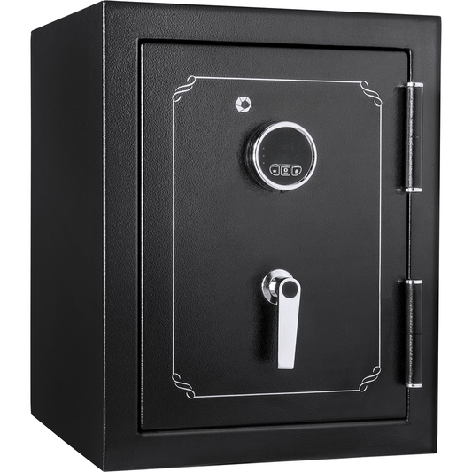 Black digital safe with chrome handle and keypad