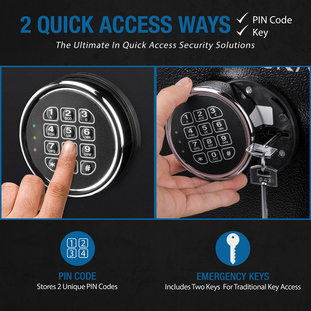 Closeup of a finger pressing a button on a digital keypad for a security safe