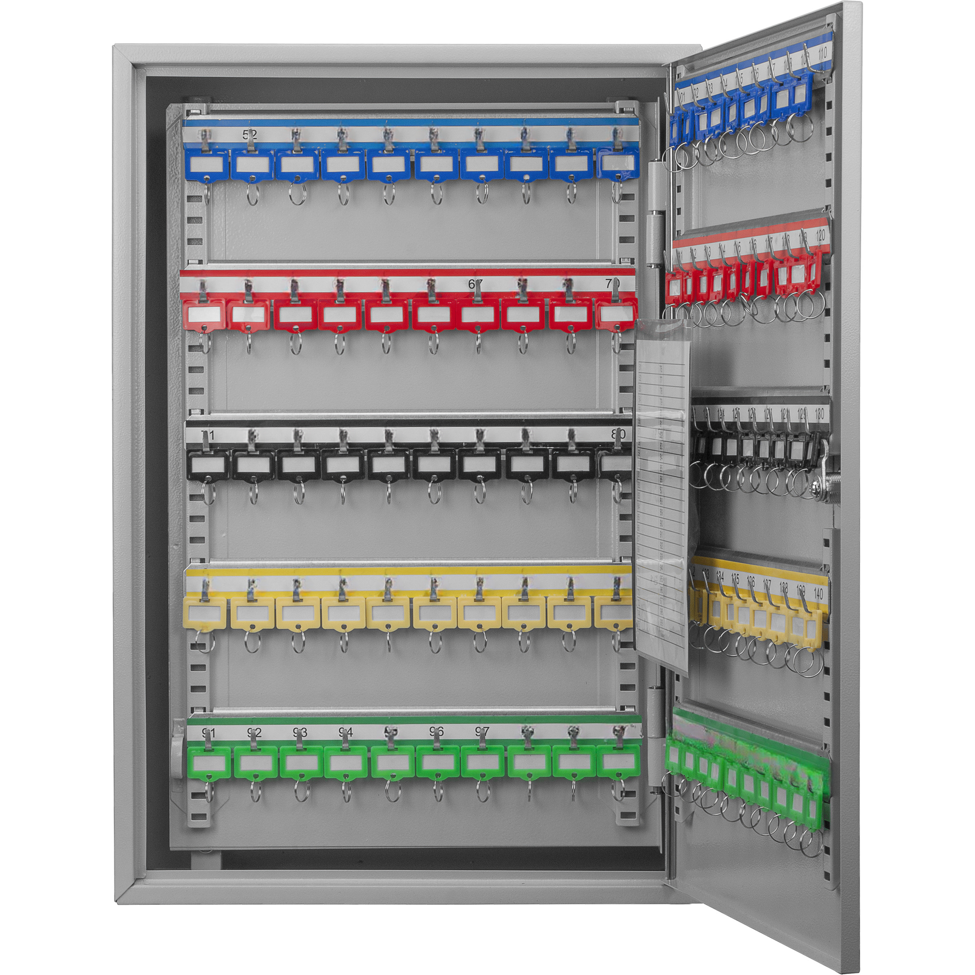 Gray metal key cabinet with  numbered slots and assorted color tags