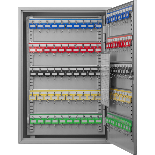 Gray metal key cabinet with  numbered slots and assorted color tags