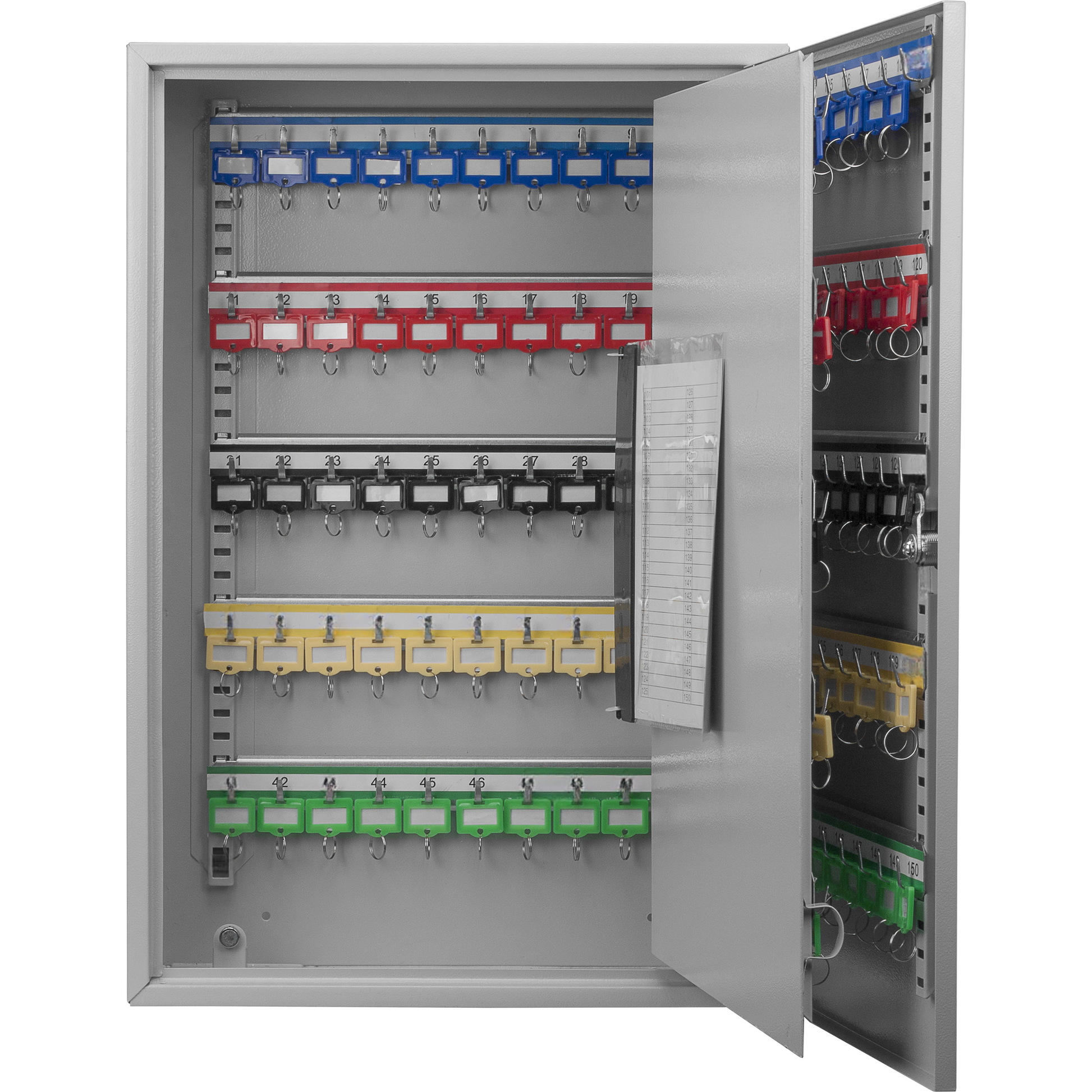 Gray metal key cabinet with  hooks and colored tags