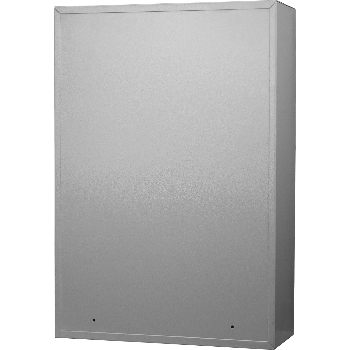 Gray steel wall safe with textured finish and two mounting holes visible