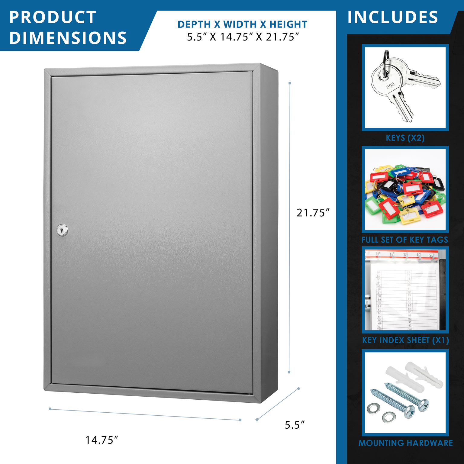Gray metal key cabinet with dimensions  D x  W x  H