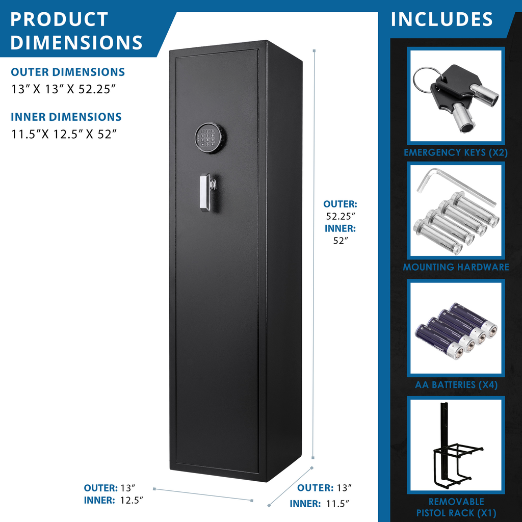 Tall black metal gun safe with digital keypad and key override