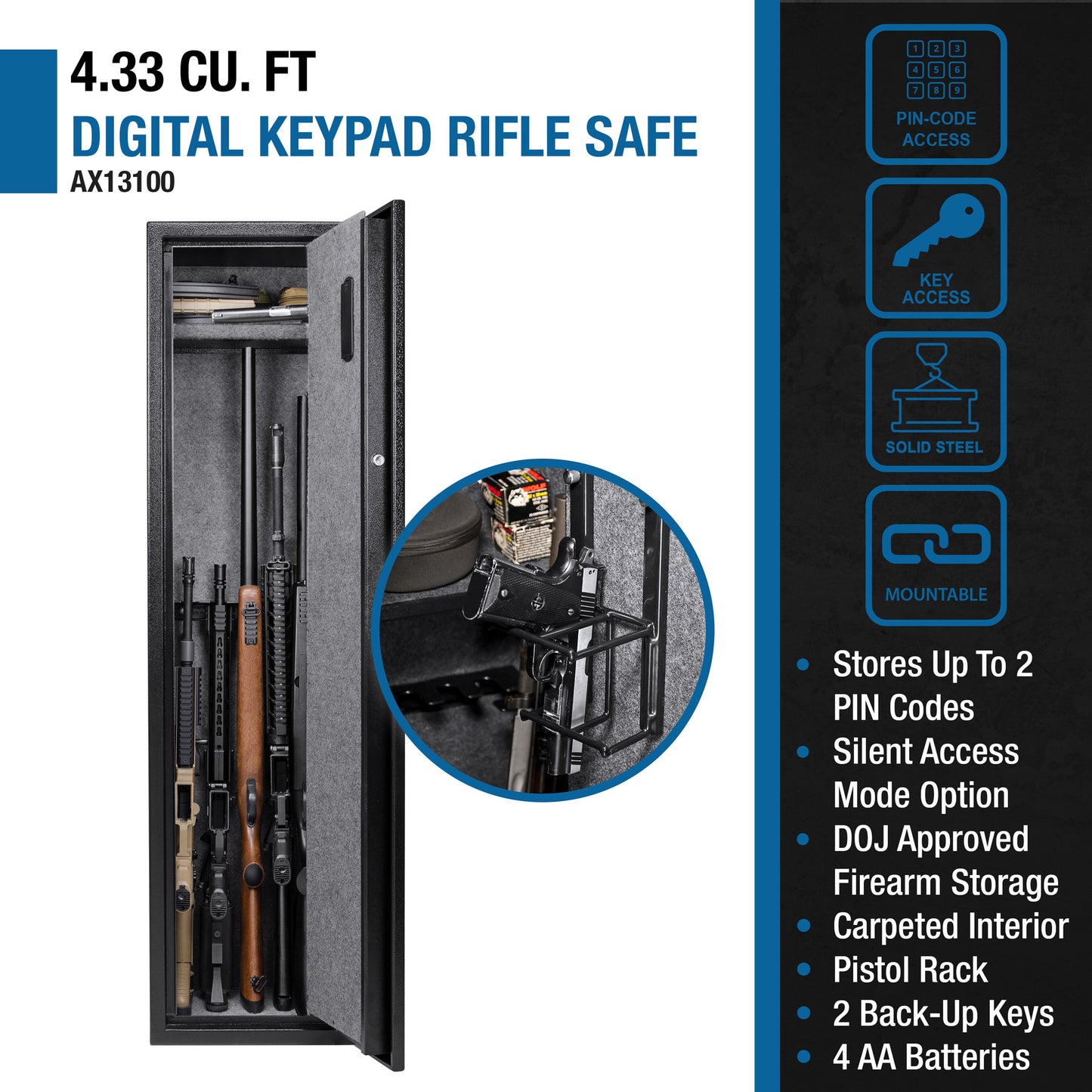 Digital keypad rifle safe with  cu ft capacity and AX model
