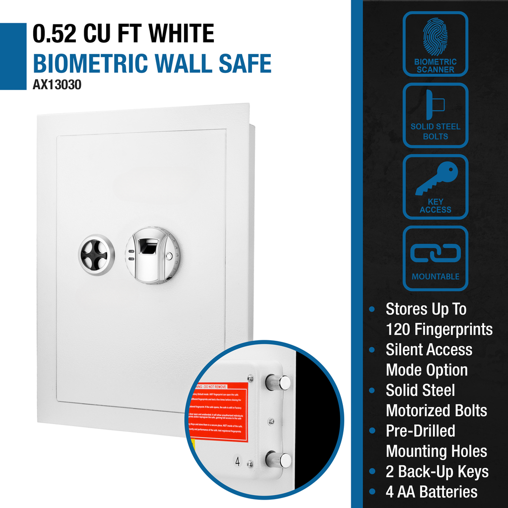 White  cu ft wall safe with biometric scanner and key lock
