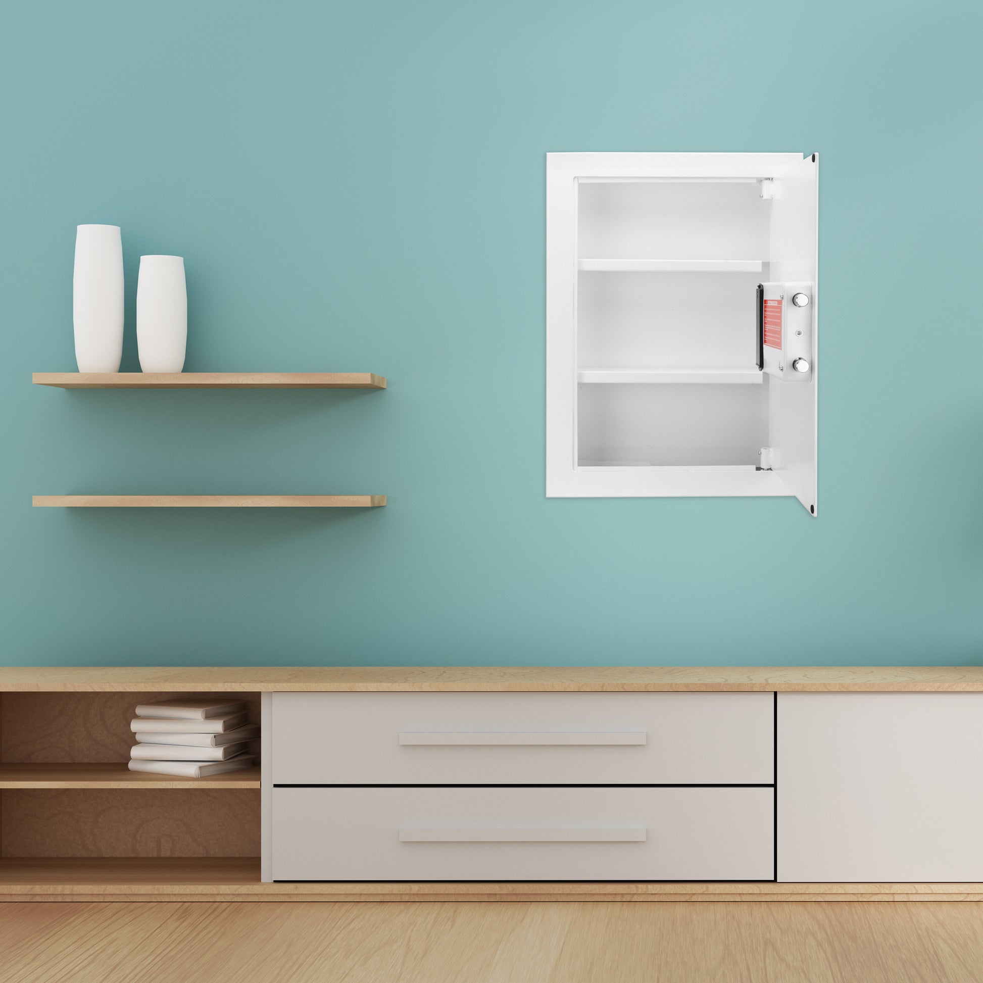 White inwall safe with digital lock and adjustable shelves ideal for home security