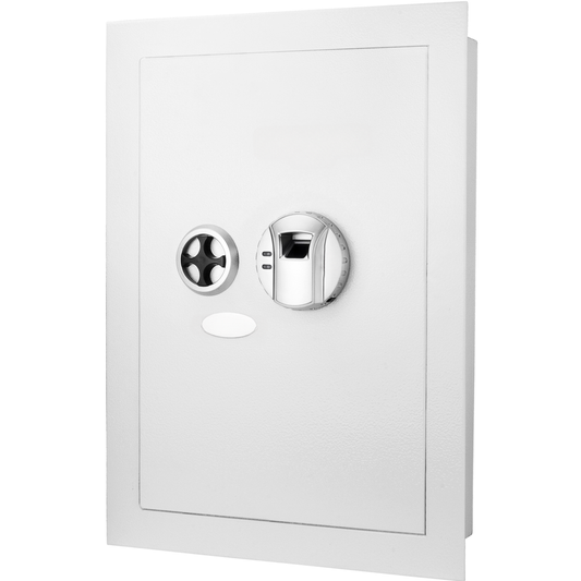 White biometric safe with fingerprint scanner and dial lock for home security