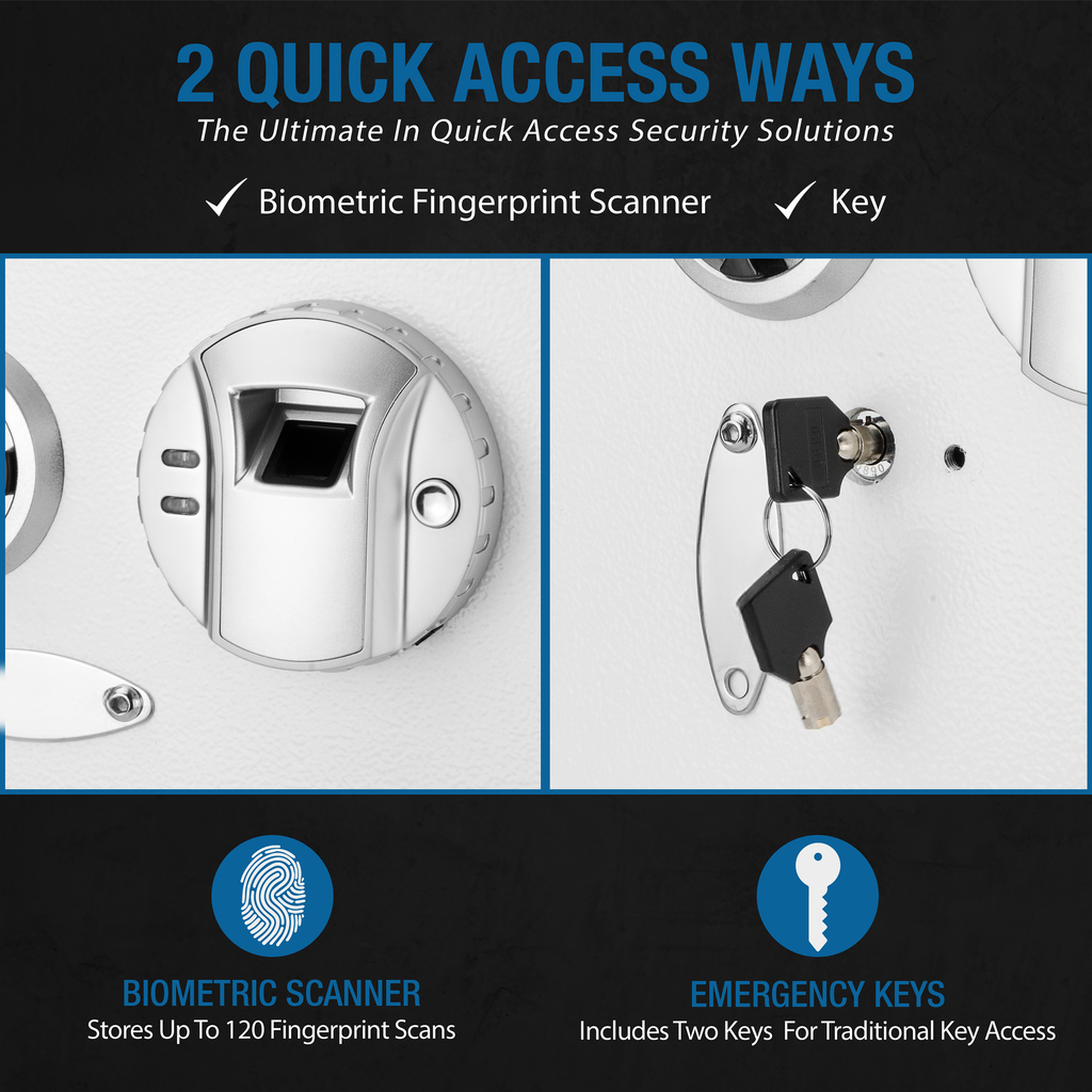Silver biometric fingerprint scanner on a security safe door