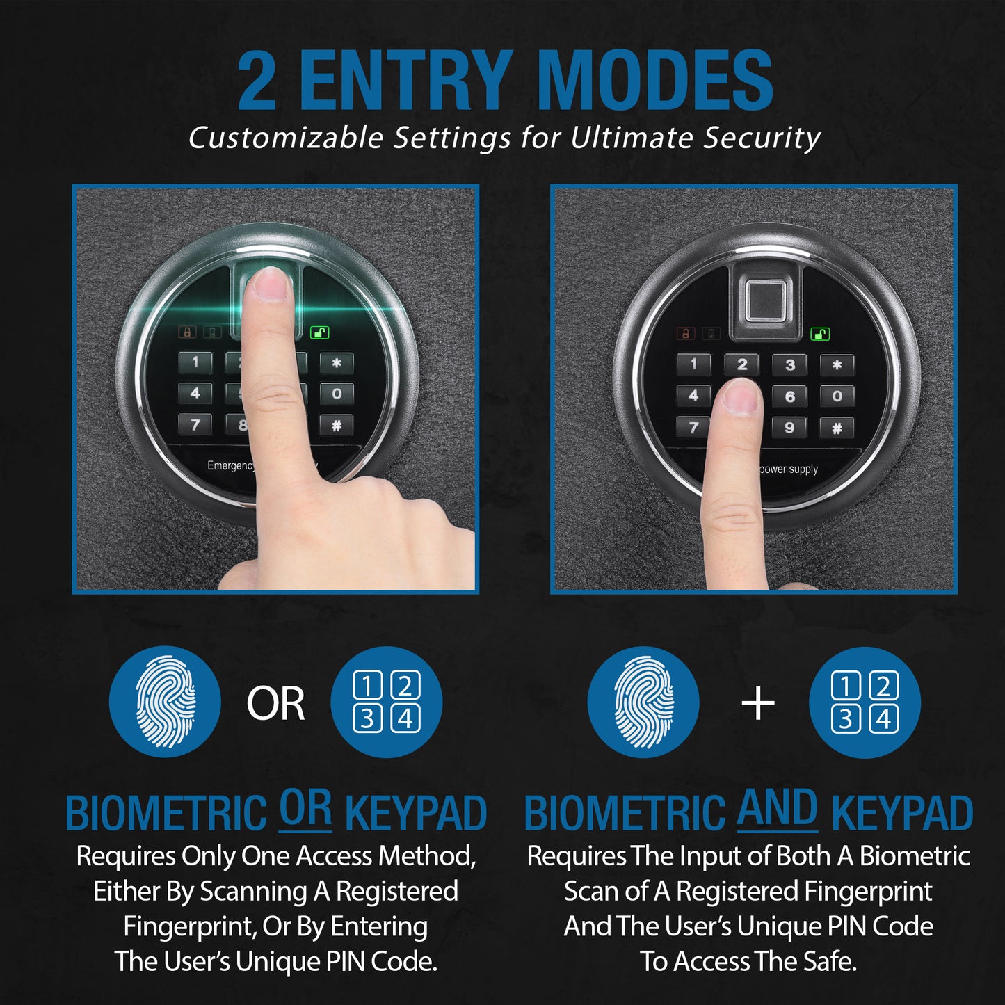 Finger presses biometric scanner on secure safe keypad