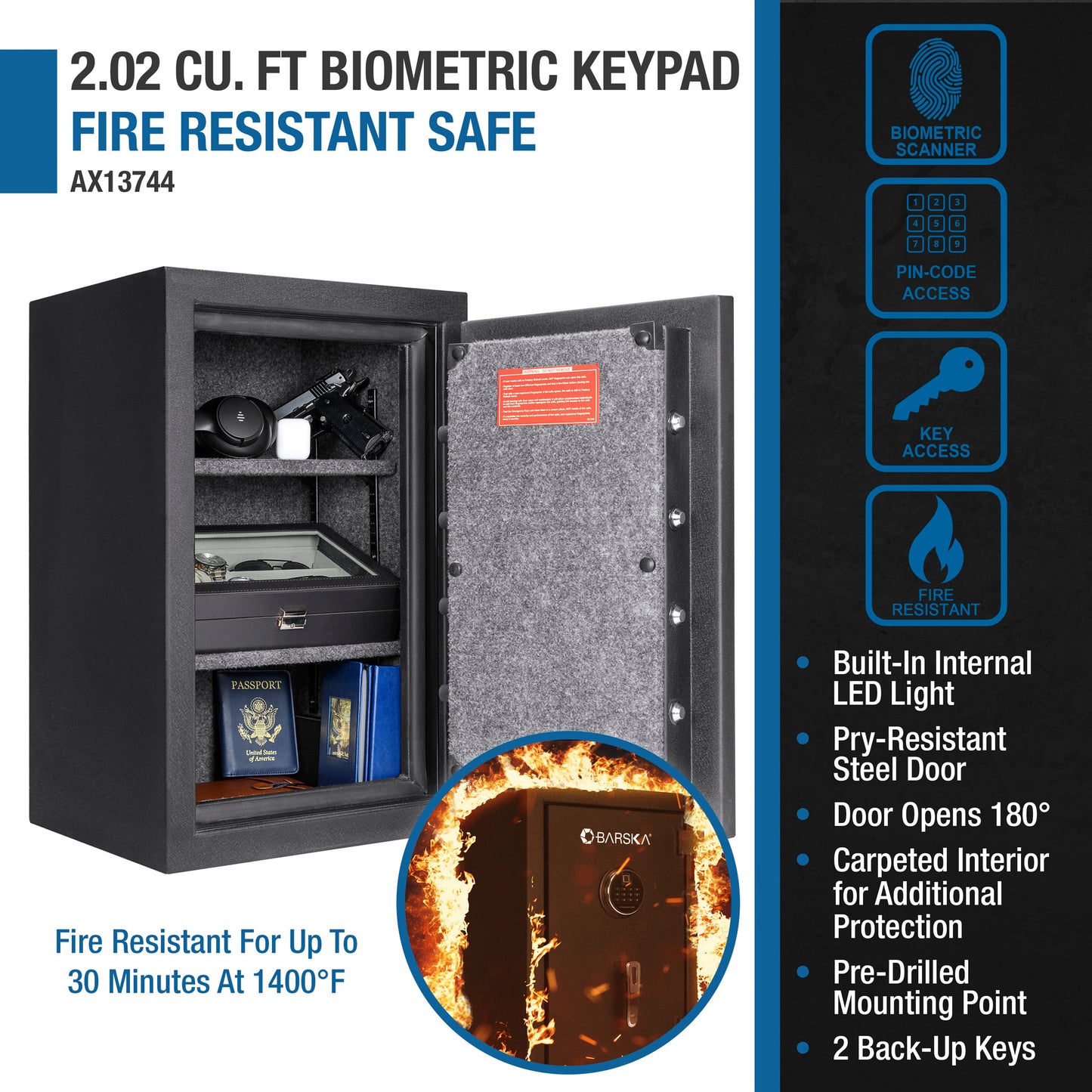 cu ft black biometric keypad fire resistant safe
