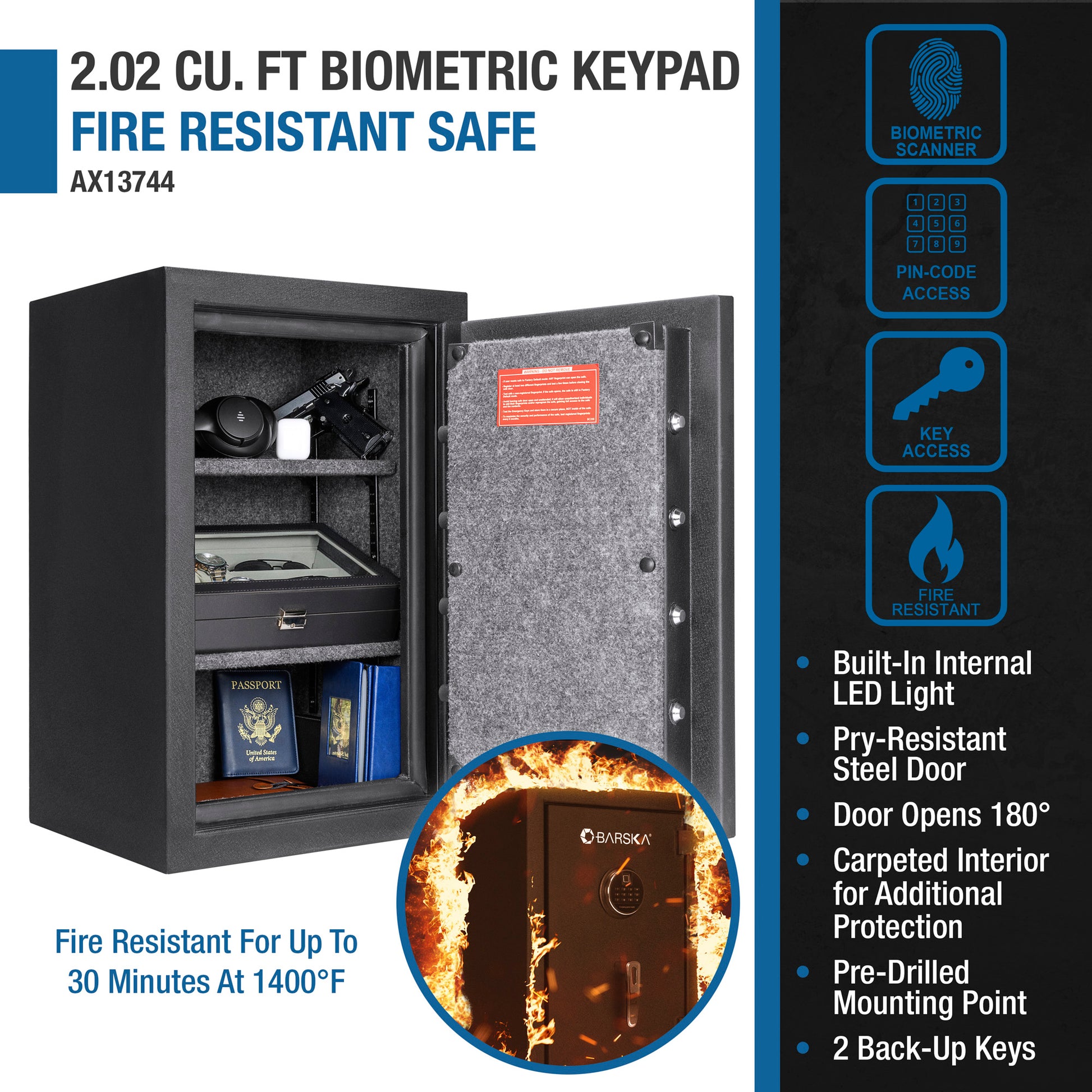 cu ft black biometric keypad fire resistant safe