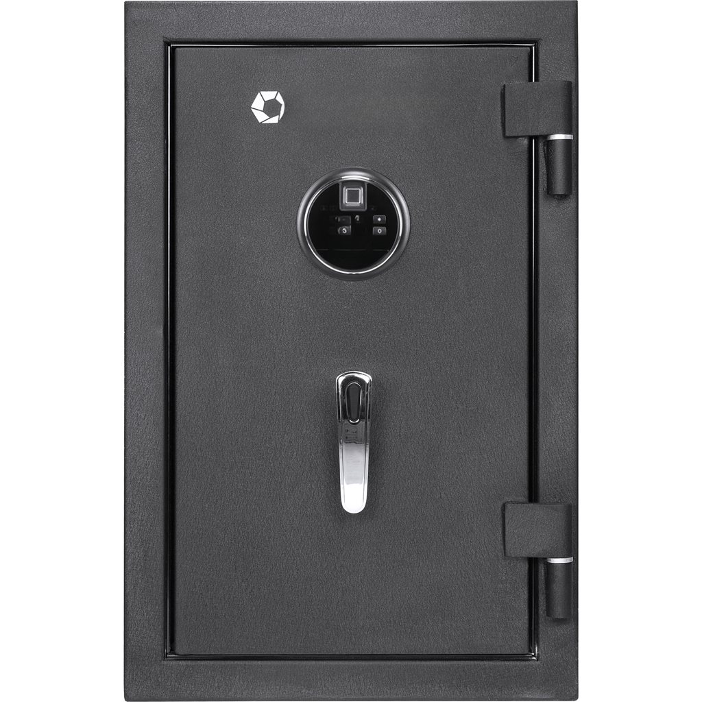 Black biometric safe with digital keypad and chrome handle
