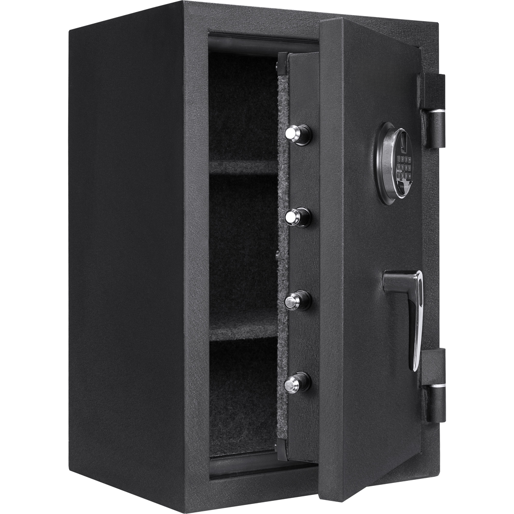 Black digital keypad safe with open door revealing padded interior shelves