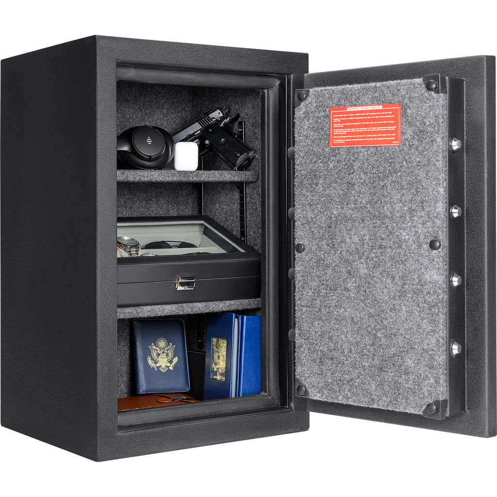 Open black gun safe with pistol headphones watch case and documents inside
