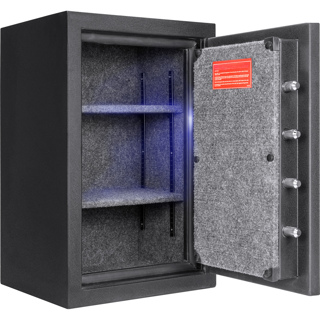 Black metal gun safe with open door and padded interior
