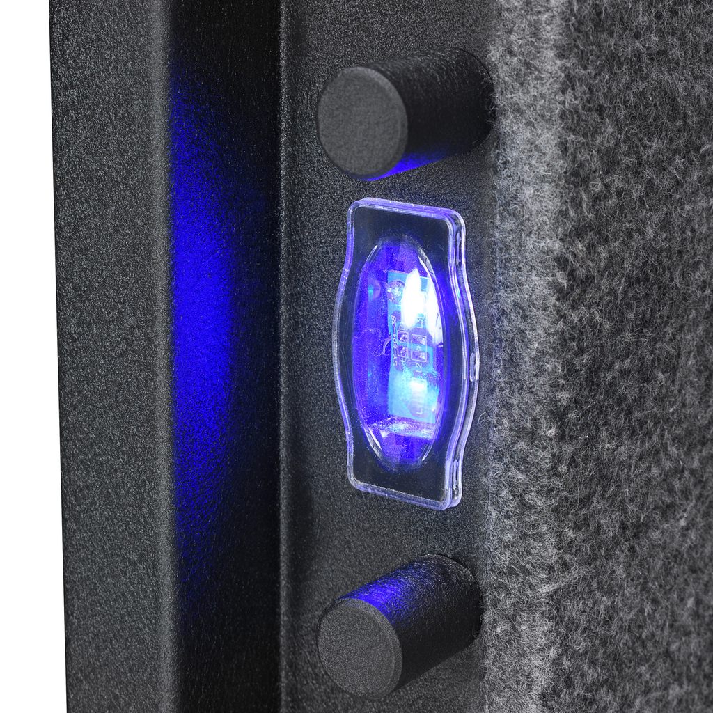 Black textured safe interior with illuminated blue fingerprint scanner and dial